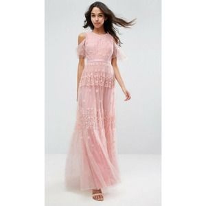 Needle & Thread Daisy Embroidery Open Shoulder Maxi Dress Pink Sz US 4 (D